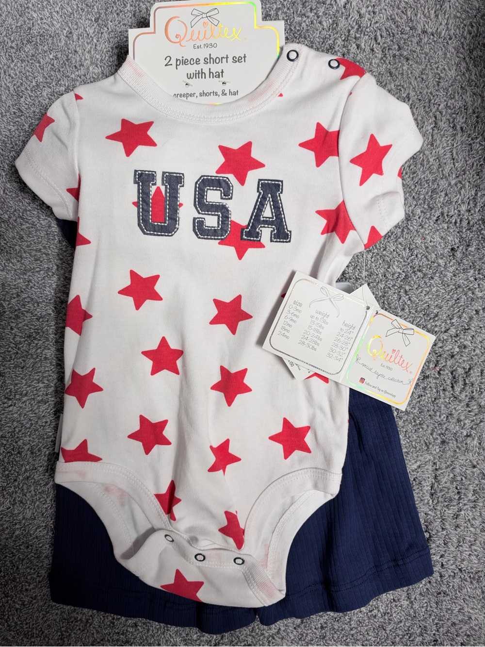 Quiltex Baby Boy USA 3 Piece Outfit Set with Hat Size 18M NWT